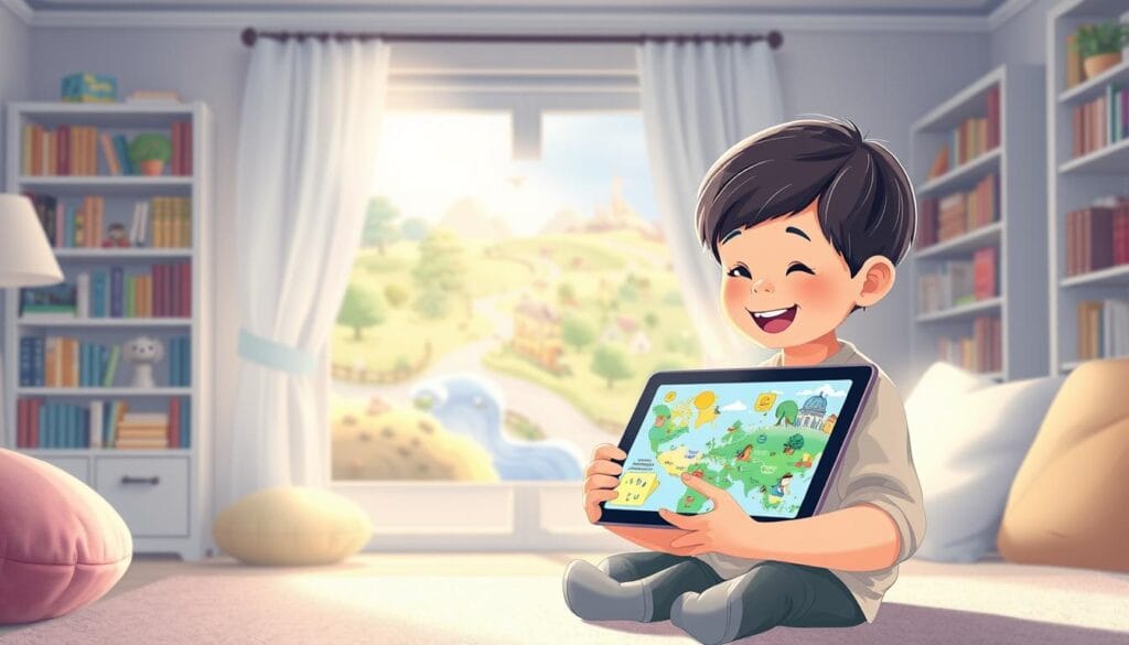 A serene illustration of a cozy, well-lit room where a young child is joyfully interacting with a bright, colorful AI interface on a tablet. In the foreground, the child, dressed in casual clothing, displays an expression of wonder as they create a storybook. The middle ground showcases a large, vibrant story map filled with imaginative characters and whimsical landscapes, all coming to life through the AI's suggestions. In the background, soft lighting enhances the inviting atmosphere, with bookshelves filled with classic children's stories, emphasizing the fusion of traditional storytelling and modern technology. The overall mood is one of creativity, inspiration, and delight, capturing the exciting journey of constructing a children's tale.
