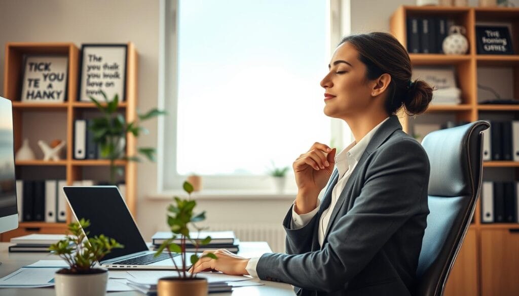 A serene office environment depicting a professional woman in business attire, sitting at her desk. She is calmly breathing, with a slight smile, surrounded by organized papers and a laptop, symbolizing her effective handling of work-related stress. In the foreground, a small indoor plant adds a touch of nature and tranquility. The middle ground features a bright window showcasing a clear blue sky, suggesting openness and positivity. The background includes shelves with books and motivational quotes, enhancing the theme of personal growth. Soft, warm lighting creates a cozy atmosphere, emphasizing a balance of professionalism and relaxation. The angle captures her profile, focusing on her calm demeanor amid a busy workspace. A serene office environment depicting a professional woman in business attire, sitting at her desk. She is calmly breathing, with a slight smile, surrounded by organized papers and a laptop, symbolizing her effective handling of work-related stress. In the foreground, a small indoor plant adds a touch of nature and tranquility. The middle ground features a bright window showcasing a clear blue sky, suggesting openness and positivity. The background includes shelves with books and motivational quotes, enhancing the theme of personal growth. Soft, warm lighting creates a cozy atmosphere, emphasizing a balance of professionalism and relaxation. The angle captures her profile, focusing on her calm demeanor amid a busy workspace.
