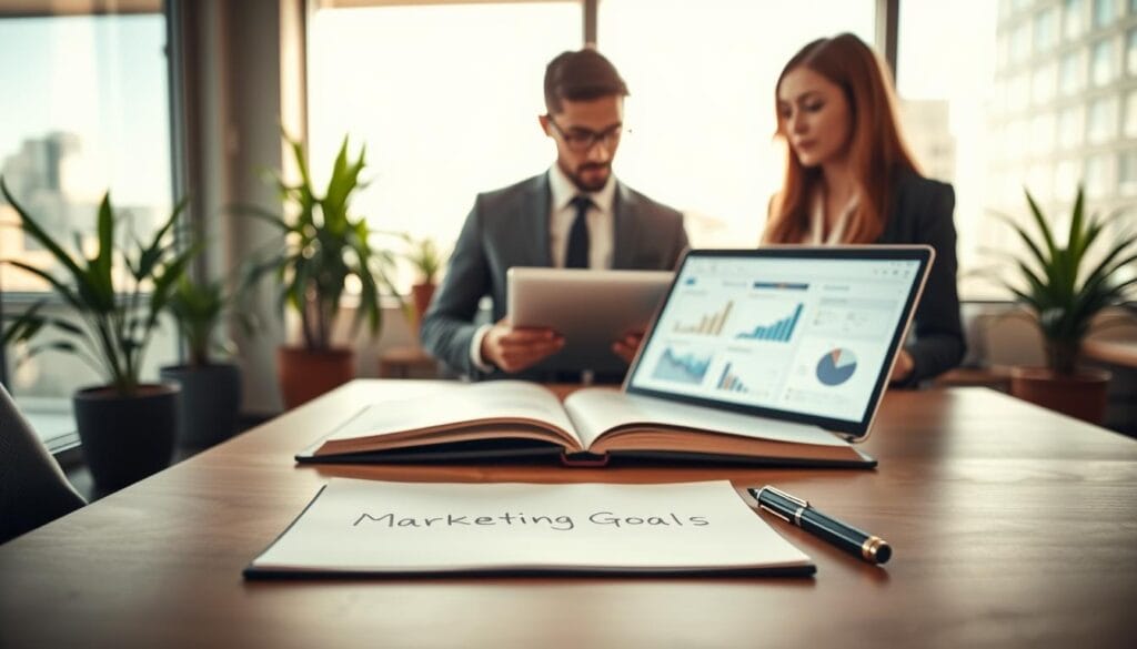 A serene office environment with a focus on a sleek wooden desk in the foreground, featuring an open notebook with neatly written marketing goals and a pen beside it. In the middle, a professional-looking individual in business attire is engaged in discussion with a colleague, both looking at a laptop displaying graphs and charts related to marketing objectives. The background features large windows with natural light streaming in, providing a bright and inviting atmosphere, with potted plants adding a touch of greenery. The overall mood is one of collaboration and strategic planning, emphasizing clarity and focus on goal-setting in marketing. The photo should have a warm color palette, shot with a slight depth of field to create emphasis on the subjects. A serene office environment with a focus on a sleek wooden desk in the foreground, featuring an open notebook with neatly written marketing goals and a pen beside it. In the middle, a professional-looking individual in business attire is engaged in discussion with a colleague, both looking at a laptop displaying graphs and charts related to marketing objectives. The background features large windows with natural light streaming in, providing a bright and inviting atmosphere, with potted plants adding a touch of greenery. The overall mood is one of collaboration and strategic planning, emphasizing clarity and focus on goal-setting in marketing. The photo should have a warm color palette, shot with a slight depth of field to create emphasis on the subjects.