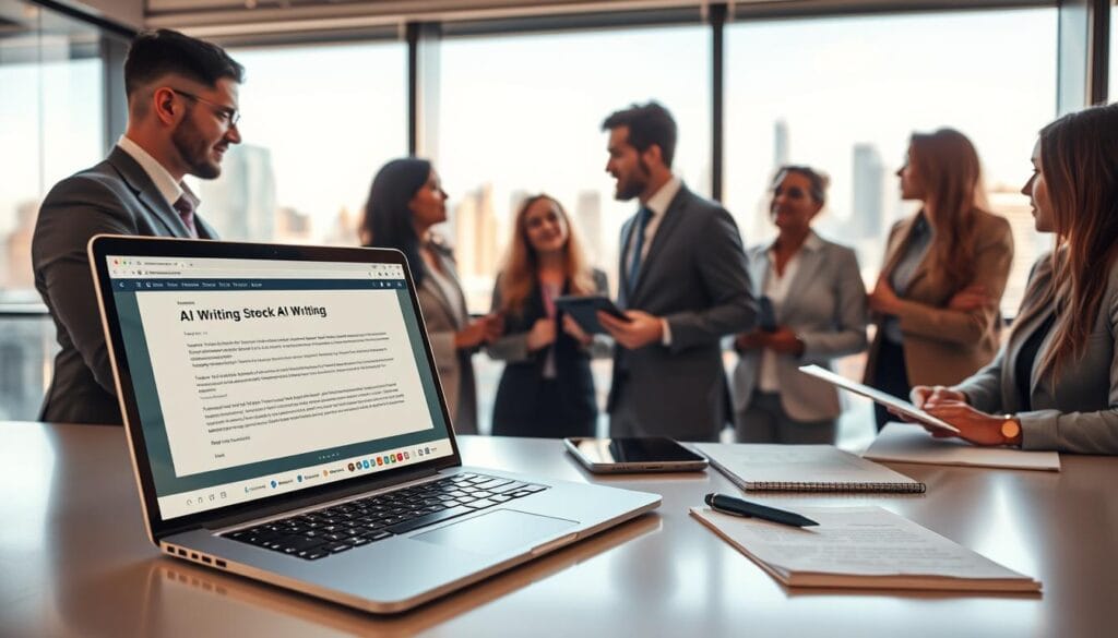A sleek and modern workspace showcasing innovative AI writing tools. In the foreground, a stylish laptop with an open screen displaying a sophisticated AI writing interface, surrounded by a digital tablet, smartpen, and notepad. The middle ground features a diverse group of professional individuals, dressed in business attire, engaged in discussion and brainstorming ideas, reflecting collaboration and creativity. The background shows a large window with a panoramic city view, bathed in natural light, highlighting a futuristic skyline. The atmosphere is energetic and inspiring, emphasizing technology and innovation in content creation. Use soft, warm lighting to create a welcoming ambiance, captured from an eye-level angle to enhance realism and engagement.