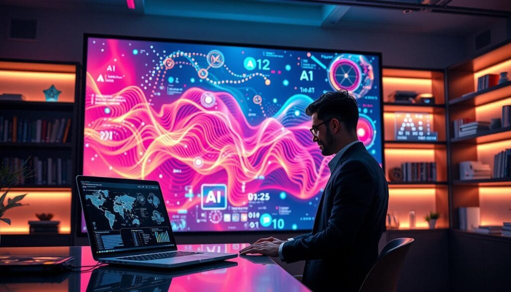 A sleek, modern digital workspace scene illustrating "how generative models work" in artificial intelligence. In the foreground, a professional individual in business attire is focused on a laptop displaying complex neural network diagrams. The middle ground showcases a large, interactive touchscreen wall filled with vibrant, flowing data visualizations and AI models, illuminated by soft, colorful lighting. The background features futuristic shelves with books on AI, along with holographic display technologies casting gentle glows. The atmosphere is dynamic and intellectually stimulating, with an emphasis on innovation and technology, captured from a slightly elevated angle to emphasize the depth of the workspace. The overall mood is inspiring and forward-looking, reflecting the advancement of AI through generative modeling techniques.