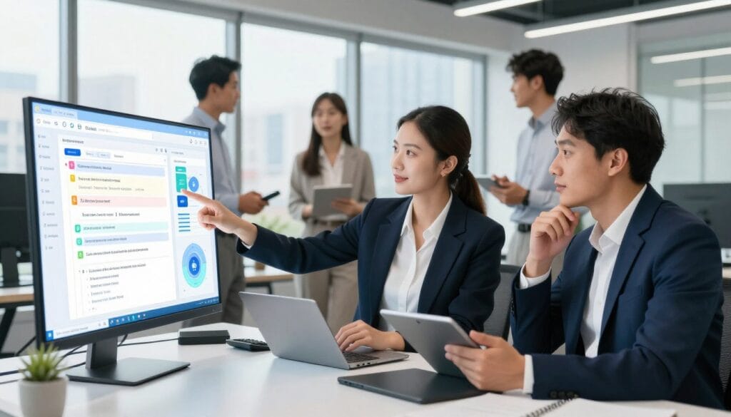 A sleek, modern office setting featuring a diverse group of professionals collaborating around a digital interface displaying an AI task management tool. In the foreground, a confident woman in business attire is pointing at a holographic display filled with task categories, while a thoughtful man beside her makes notes on a tablet. The middle ground shows additional team members engaged in discussion, with charts and diagrams relevant to AI functions on a nearby screen. The background features large windows with city views, allowing natural light to flood the room, setting a bright and positive atmosphere. The image should convey a sense of teamwork and innovation, highlighting the intricacies of defining roles and responsibilities for an AI employee. Ensure a clean and professional composition with no text elements.