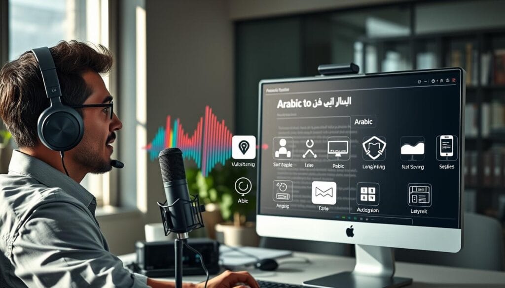 A sleek, modern workspace featuring a high-tech computer setup. In the foreground, a focused professional in smart casual attire is engaged in a voice-to-text translation task, with a microphone and headset. The screen displays colorful waveforms converting spoken Arabic into clear, readable text. In the middle, various digital tools and applications for audio translation are subtly illustrated on the computer monitor, showcasing their user-friendly interfaces. The background reveals a well-organized office environment with soft, natural lighting filtering through a window, casting gentle shadows. The overall mood is one of concentration and innovation, highlighting the synergy between technology and language translation. The image is dynamic but not cluttered, capturing the essence of modern Arabic audio translation tools.