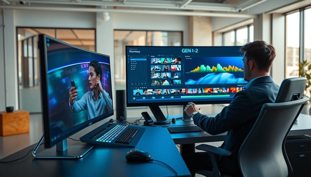 A sleek, modern workstation showcasing the "Runway Gen-2" video editing software interface. In the foreground, a high-resolution monitor displays an advanced editing timeline filled with colorful video clips and audio tracks, illuminated by soft blue and green ambient lighting. A professional user, dressed in smart casual attire, is intently focused on the screen, using a high-tech editing console with various dials and buttons. In the middle ground, an ergonomic chair and minimalistic desk are neatly organized with essential editing tools. The background features a contemporary office setting with large windows letting in natural light, creating a bright and enthusiastic atmosphere. The overall mood is one of innovation and productivity, embodying the essence of advanced AI-driven video editing tools.