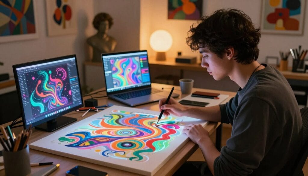 A vibrant and captivating scene showcasing the intersection of artificial intelligence and artistic expression. In the foreground, a futuristic artist sits at a digital canvas, deeply focused on painting imaginative abstractions, surrounded by holographic tools and AI-generated elements that swirl around them. In the middle ground, a glowing laptop displays a digital interface, blending colors and patterns that inspire creativity. The background features a softly illuminated studio filled with art supplies and abstract sculptures, reflecting a harmonious blend of traditional and technological artistry. Use warm, ambient lighting to create an inspiring atmosphere, while the angle captures both the artist and the dynamic interplay of art and AI. The mood is thought-provoking and innovative, inviting viewers to explore the relationship between creativity and technology.