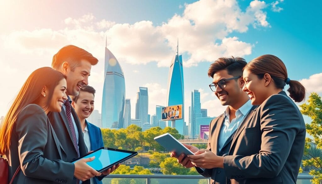 A vibrant and dynamic illustration of the concept of "New Economy" in a modern setting. In the foreground, a diverse group of professionals, dressed in smart business attire, are engaged in animated discussions around digital devices like tablets and laptops. In the middle ground, a sleek, futuristic cityscape symbolizes innovation, featuring digital billboards and green spaces, suggesting growth and sustainability. In the background, a bright blue sky merges with the tall buildings, with soft clouds to evoke an optimistic atmosphere. Warm lighting highlights the faces of the professionals, creating a sense of collaboration and forward-thinking. The overall mood should be inspiring and energetic, capturing the essence of the New Economy.