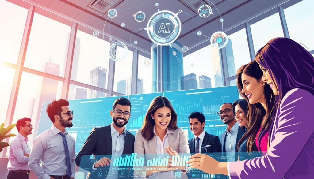 A vibrant and dynamic illustration showcasing the role of artificial intelligence in the growth of emerging Arab companies. In the foreground, a group of diverse young professionals in business attire collaborates over a digital interface displaying AI analytics and data visualization, displaying excitement and engagement. The middle layer features a modern office environment equipped with screens showing AI-driven insights, with abstract representations of AI algorithms swirling around. In the background, skyscrapers symbolize the potential for global reach and innovation. Bright, natural lighting floods the scene, creating an optimistic and forward-thinking atmosphere. The overall mood is one of collaboration, innovation, and ambition, highlighting successful experiences of Arab startups harnessing AI for growth and international impact.
