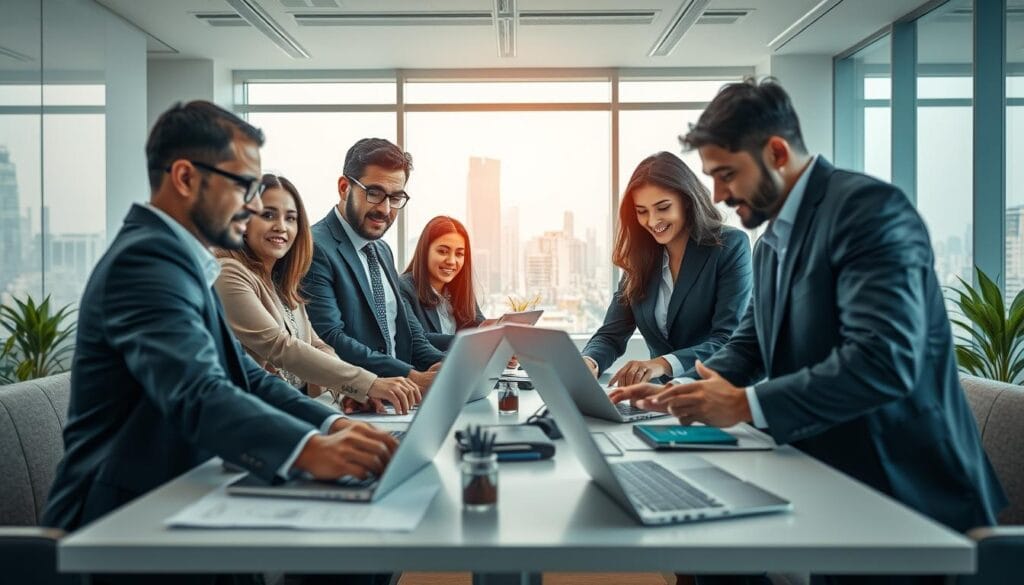 A vibrant and dynamic scene showcasing a modern Arabic tech startup in a sleek office environment. In the foreground, a diverse group of professionals of varying ethnicities, including men and women dressed in smart business attire, collaborate over advanced technology like laptops and tablets, with diagrams and digital interfaces clearly visible on their screens. In the middle ground, a large window reveals a bustling city skyline, symbolizing innovation and progress. The background features minimalist office decor with plants and contemporary furniture, creating a warm and inviting atmosphere. Utilize soft, natural lighting to enhance the professionalism of the setting, with a panoramic view captured from an eye-level angle that emphasizes teamwork and creativity. The mood is energetic and inspiring, reflecting the positive impact of technology on education development. A vibrant and dynamic scene showcasing a modern Arabic tech startup in a sleek office environment. In the foreground, a diverse group of professionals of varying ethnicities, including men and women dressed in smart business attire, collaborate over advanced technology like laptops and tablets, with diagrams and digital interfaces clearly visible on their screens. In the middle ground, a large window reveals a bustling city skyline, symbolizing innovation and progress. The background features minimalist office decor with plants and contemporary furniture, creating a warm and inviting atmosphere. Utilize soft, natural lighting to enhance the professionalism of the setting, with a panoramic view captured from an eye-level angle that emphasizes teamwork and creativity. The mood is energetic and inspiring, reflecting the positive impact of technology on education development.