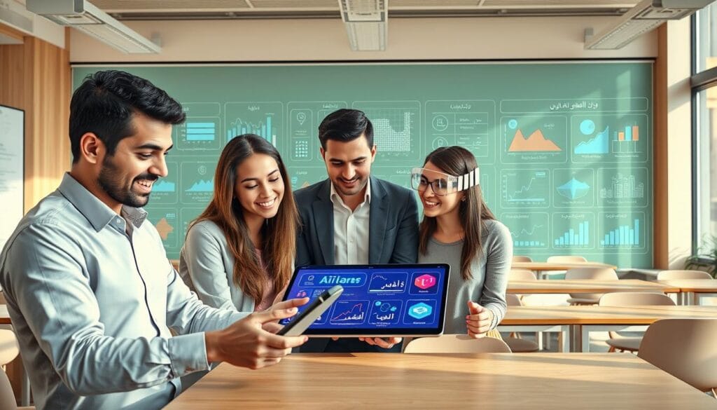 A vibrant and engaging digital classroom scene showcasing various Arabic e-learning platforms powered by AI. In the foreground, a diverse group of three professional individuals, one male and two females, are collaborating around a futuristic digital tablet displaying AI educational tools. The middle layer features large, transparent screens filled with graphs, analytics, and interactive learning modules, representing different learning advantages of each platform. The background should portray a modern classroom with sleek furniture, light wood tones, and bright, natural lighting streaming through large windows, creating a welcoming atmosphere. The mood is focused yet inspiring, highlighting the potential of AI in enhancing educational experiences in Arabic learning environments. A vibrant and engaging digital classroom scene showcasing various Arabic e-learning platforms powered by AI. In the foreground, a diverse group of three professional individuals, one male and two females, are collaborating around a futuristic digital tablet displaying AI educational tools. The middle layer features large, transparent screens filled with graphs, analytics, and interactive learning modules, representing different learning advantages of each platform. The background should portray a modern classroom with sleek furniture, light wood tones, and bright, natural lighting streaming through large windows, creating a welcoming atmosphere. The mood is focused yet inspiring, highlighting the potential of AI in enhancing educational experiences in Arabic learning environments.