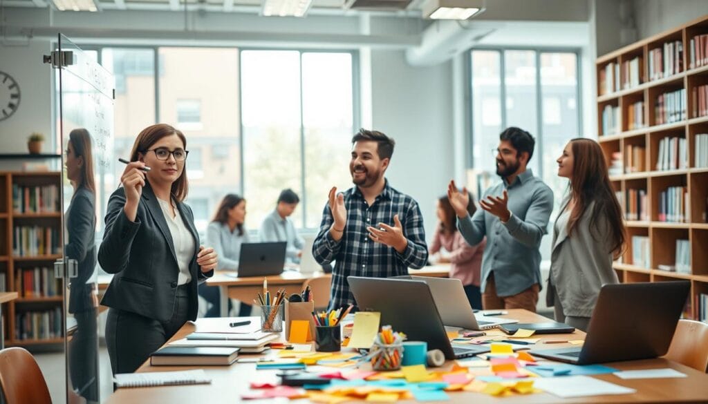 A vibrant and engaging educational scenario featuring a diverse group of people transforming educational content into a script. In the foreground, a focused woman in professional attire is writing ideas on a transparent board, illuminated by soft ambient lighting. To her side, a man gestures animatedly, sharing his insights; both appear enthusiastic and inspired. In the middle ground, a table cluttered with notes, laptops, and colorful post-it notes creates a creative chaos. The background shows a modern classroom setting, with bookshelves filled with educational materials and bright, natural light pouring in through large windows. The atmosphere is collaborative and dynamic, emphasizing creativity and innovation in turning educational content into engaging narratives for AI-driven video production.