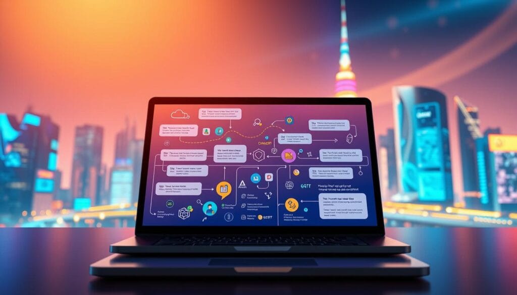 A vibrant and engaging illustration depicting the evolution of ChatGPT, showcasing a timeline of its key milestones and features. In the foreground, a sleek laptop displays the ChatGPT interface with interactive text bubbles representing user questions and AI responses. The middle layer includes stylized icons and graphics depicting various applications of ChatGPT, surrounded by colorful data streams and abstract shapes symbolizing innovation. In the background, a futuristic city skyline glows softly, illuminated by digital screens displaying AI-related themes. The lighting is bright yet warm, creating an inviting atmosphere that conveys excitement and potential. Use a wide-angle lens effect to enhance depth, and ensure the overall mood emphasizes a revolutionary spirit in technology.