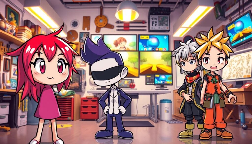 A vibrant and engaging illustration showcasing the concept of "Choosing Cartoon Styles." In the foreground, depict four distinct cartoon characters representing different styles: an anime character with large expressive eyes and colorful hair; a sleek 3D character with vibrant textures and a dynamic pose; a classic cartoon figure with exaggerated features and bold outlines; and a manga-style character with intricate details and unique clothing. The middle background features a variety of tools and screens displaying digital art software, highlighting the creative process. The background consists of an art studio with bright, soft lighting that creates a warm and inviting atmosphere. Use a wide-angle lens effect to give depth to the scene, focusing on the characters and tools, creating an immersive, artistic environment.