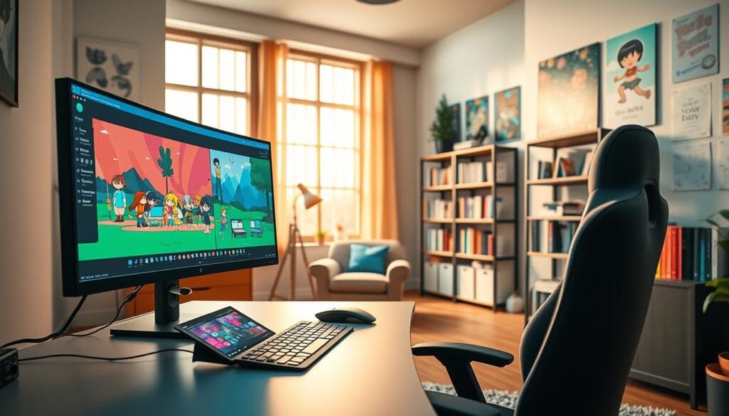 A vibrant and engaging workspace dedicated to creating animated videos using artificial intelligence. In the foreground, a modern computer desk with dual monitors displaying colorful animation software interfaces, showcasing characters and backgrounds. A stylus tablet rests beside the keyboard, hinting at the creative process. The middle ground features a comfortable chair and shelves lined with books about animation techniques and design. The background is warm and inviting, with large windows letting in soft, natural light, creating a pleasant atmosphere. Light reflects off the walls adorned with anime posters, emphasizing creativity and inspiration. The scene embodies a sense of innovation and artistic exploration, inviting viewers into the world of AI-driven cartoon video production.