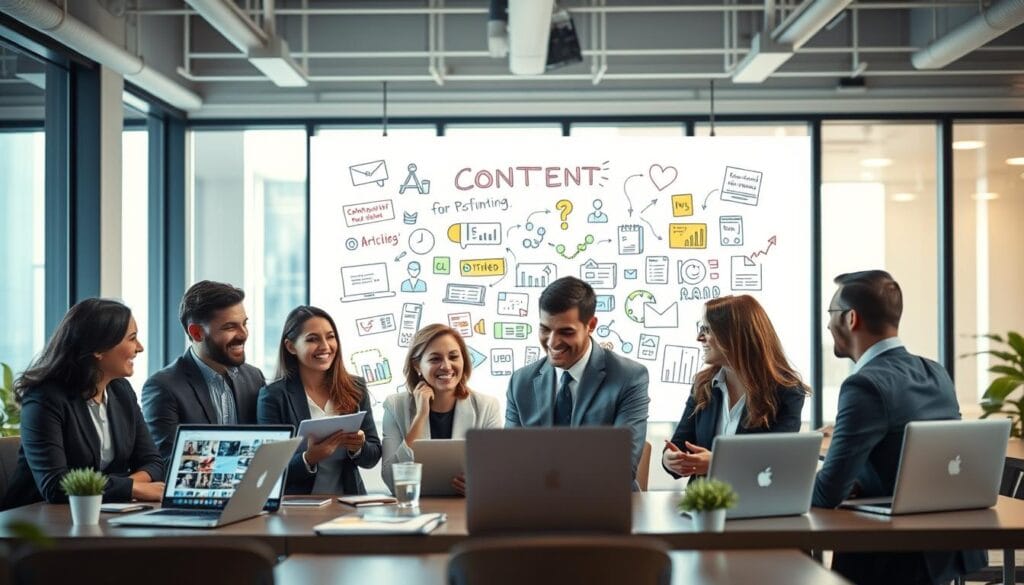 A vibrant and engaging workspace scene depicting various types of content that enhance professional reputation online. In the foreground, a diverse group of professionals in business attire are animatedly discussing content ideas, with laptops and digital devices showcasing images of articles, videos, social media posts, and infographics. In the middle ground, a whiteboard filled with colorful sketches and ideas about content strategies represents creativity and collaboration. The background features a modern office with large windows allowing natural light to flood in, creating an inviting atmosphere. Use a soft focus to subtly convey a sense of teamwork and innovation. Aim for a bright, positive mood that emphasizes professionalism and creativity in building an online presence. A vibrant and engaging workspace scene depicting various types of content that enhance professional reputation online. In the foreground, a diverse group of professionals in business attire are animatedly discussing content ideas, with laptops and digital devices showcasing images of articles, videos, social media posts, and infographics. In the middle ground, a whiteboard filled with colorful sketches and ideas about content strategies represents creativity and collaboration. The background features a modern office with large windows allowing natural light to flood in, creating an inviting atmosphere. Use a soft focus to subtly convey a sense of teamwork and innovation. Aim for a bright, positive mood that emphasizes professionalism and creativity in building an online presence.