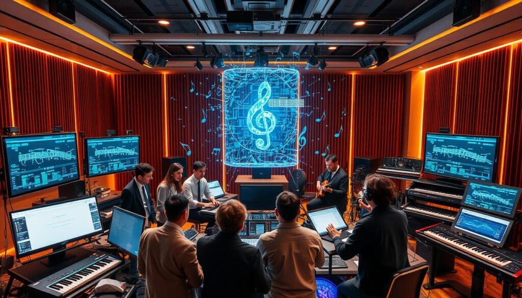 A vibrant and futuristic scene showcasing the benefits of artificial intelligence in music composition. In the foreground, a diverse group of musicians, dressed in professional attire, is collaborating around a sleek, high-tech workstation filled with digital instruments and screens displaying music composition software. The middle ground features a glowing holographic display of musical notes and waveforms, visually representing the dynamics of AI-generated music. In the background, a modern studio with acoustic panels and sound equipment creates a creative atmosphere. Warm lighting from overhead fixtures creates an inviting ambiance, highlighting the enthusiasm and innovation among the musicians while projecting a sense of harmony between technology and artistry.