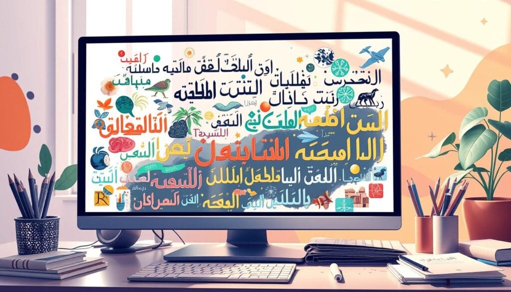 A vibrant and imaginative digital artwork illustrating the concept of "Arabic text-to-image conversion services." In the foreground, a stylized computer screen displays various Arabic texts transforming into colorful, imaginative visuals, showcasing diverse themes such as nature, culture, and technology. In the middle ground, a creative workspace is depicted, filled with digital design tools, sketchbooks, and art supplies, enhancing the atmosphere of innovation. The background features a soft gradient of warm colors, symbolizing creativity, with abstract shapes and patterns representing the fusion of text and images. Natural light streams in from a window, casting soft shadows and creating an inviting ambiance. The overall mood is inspiring and dynamic, emphasizing the possibilities of visual storytelling through Arabic texts. A vibrant and imaginative digital artwork illustrating the concept of "Arabic text-to-image conversion services." In the foreground, a stylized computer screen displays various Arabic texts transforming into colorful, imaginative visuals, showcasing diverse themes such as nature, culture, and technology. In the middle ground, a creative workspace is depicted, filled with digital design tools, sketchbooks, and art supplies, enhancing the atmosphere of innovation. The background features a soft gradient of warm colors, symbolizing creativity, with abstract shapes and patterns representing the fusion of text and images. Natural light streams in from a window, casting soft shadows and creating an inviting ambiance. The overall mood is inspiring and dynamic, emphasizing the possibilities of visual storytelling through Arabic texts.