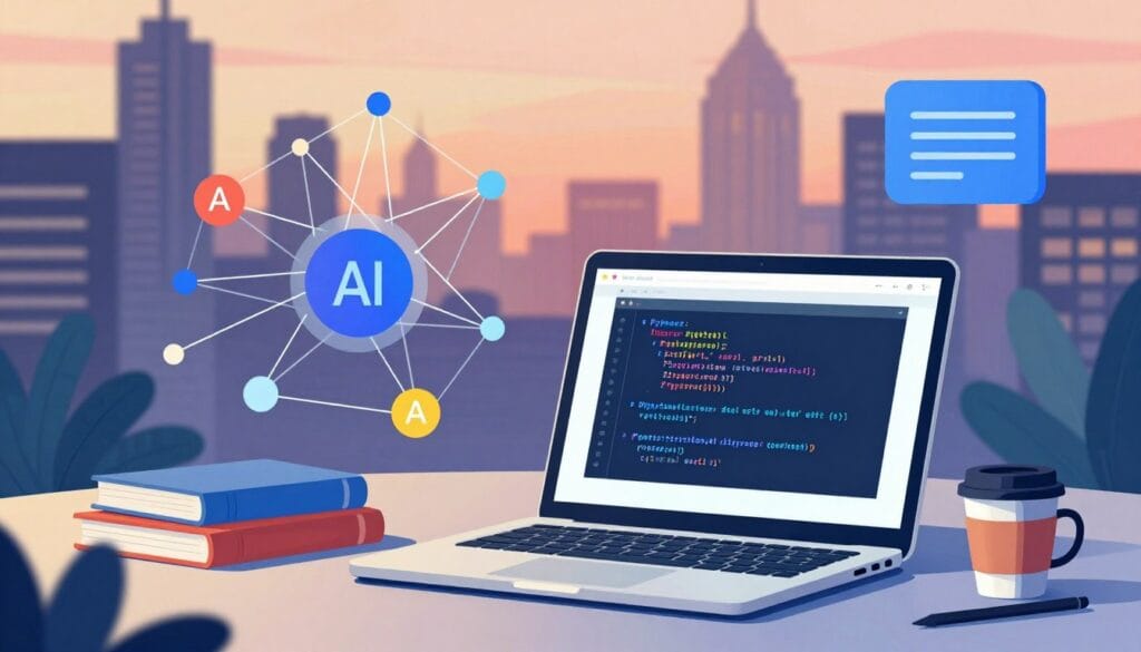 A vibrant and modern illustration depicting Python programming for artificial intelligence. In the foreground, a sleek laptop displaying lines of Python code on a clean, minimalistic screen, illuminated by a soft blue light. Surrounding the laptop, scattered programming books and a coffee cup create a productive atmosphere. The middle ground features abstract representations of AI concepts, such as neural networks and data structures, illustrated with vivid colors and smooth lines. In the background, a blurred city skyline at dusk, with a warm glow hinting at innovation and technology. Overall, the image conveys a sense of modernity and creativity, inviting viewers into the exciting world of AI programming with Python, ensuring a professional and inspiring mood throughout.