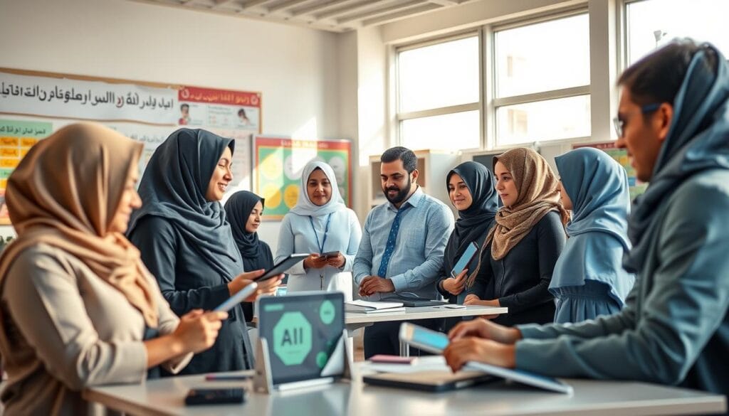 A vibrant classroom scene showcasing the integration of artificial intelligence in education within the Arab world. In the foreground, a diverse group of students wearing professional attire or modest casual clothing is engaged with advanced technology, such as tablets and interactive screens displaying educational content. In the middle ground, a teacher interacts with an AI-powered assistant, guiding students through an interactive learning experience. The background features a modern classroom with Arabic calligraphy on the walls, colorful educational posters, and sunlight streaming through large windows, creating a warm and inviting atmosphere. The focus is on collaboration and innovation in learning, with a bright and optimistic mood, captured from a slightly elevated angle to emphasize the engagement of the students and the teacher.