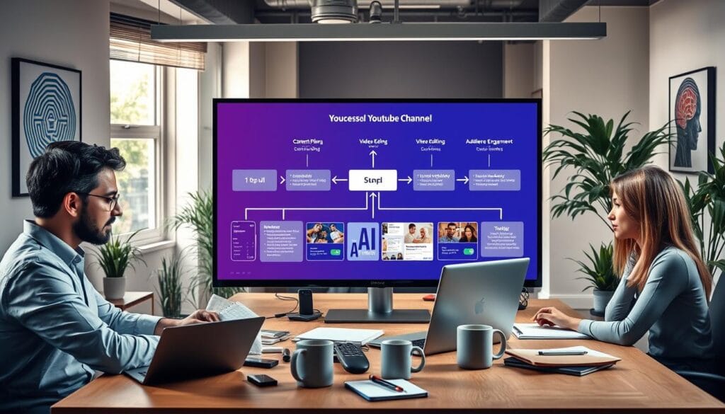 A vibrant digital workspace illustrating the steps to create a successful YouTube channel using artificial intelligence. In the foreground, a diverse group of professionals (a man and a woman) are discussing over a laptop, dressed in smart casual attire. The middle features a large monitor displaying a flowchart with key steps like content planning, video editing, and audience engagement. Various tech gadgets, notebooks, and coffee mugs are scattered on the desk, enhancing the creative atmosphere. The background shows a well-lit office with AI-themed artwork on the walls and plants for a fresh feel. Soft, natural light filters through a window, creating a warm, inspiring mood. The image captures innovation and teamwork in a modern digital environment, emphasizing the concept of leveraging AI for YouTube success. A vibrant digital workspace illustrating the steps to create a successful YouTube channel using artificial intelligence. In the foreground, a diverse group of professionals (a man and a woman) are discussing over a laptop, dressed in smart casual attire. The middle features a large monitor displaying a flowchart with key steps like content planning, video editing, and audience engagement. Various tech gadgets, notebooks, and coffee mugs are scattered on the desk, enhancing the creative atmosphere. The background shows a well-lit office with AI-themed artwork on the walls and plants for a fresh feel. Soft, natural light filters through a window, creating a warm, inspiring mood. The image captures innovation and teamwork in a modern digital environment, emphasizing the concept of leveraging AI for YouTube success.
