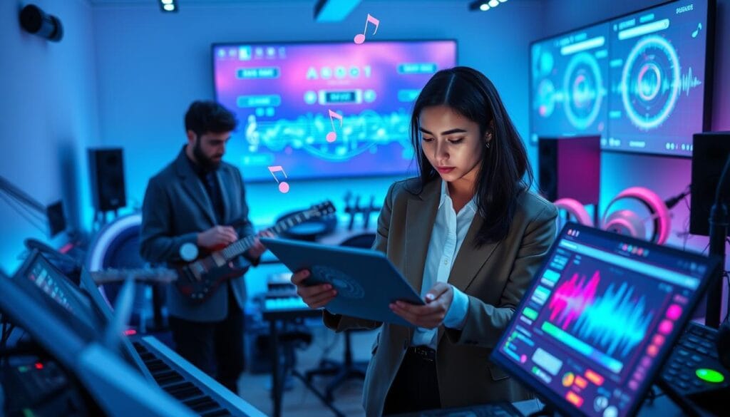 A vibrant digital workspace scene, showcasing a diverse group of musicians collaborating on music creation using advanced AI tools. In the foreground, a focused young woman in smart casual attire interacts with a digital tablet, adjusting melodies on a colorful interface. To her left, a man works on a sleek laptop, surrounded by soundwave visualizations glowing in neon hues. The middle ground features an array of virtual instruments, like synthesizers and MIDI controllers, intertwined with musical notes floating through the air. The background displays a futuristic room with soft blue and purple lighting, creating a dynamic and inspiring atmosphere. A large screen shows an AI-generated music composition in real-time. Aim for a vibrant, inspiring mood that embodies innovation in digital music production.