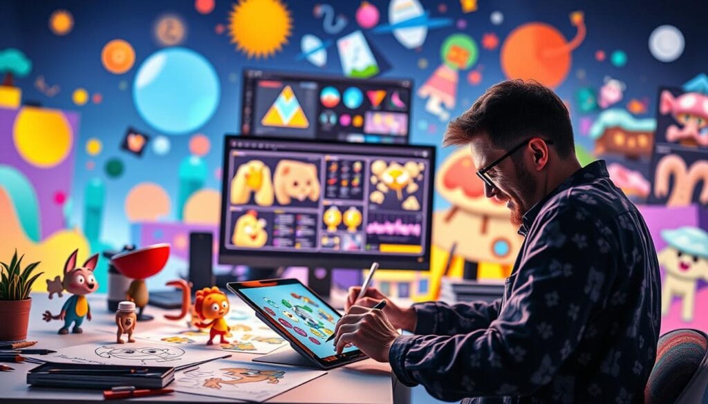 A vibrant digital workspace showcases a blend of creativity and technology. In the foreground, an artist enthusiastically creates colorful cartoon characters on a tablet, surrounded by sketches and digital tools. The cartoon characters exhibit whimsical designs with exaggerated features, set against a soft-focus background of abstract shapes and AI-generated elements. The middle layer features a glowing computer screen displaying various character design software interfaces, casting a warm light that adds a dynamic glow. The background is filled with vivid colors and illustrations of fantasy worlds, enhancing the imaginative atmosphere. The overall mood is energetic and inspiring, inviting viewers to explore the fusion of art and AI in character creation. The lighting is bright, creating an engaging and professional ambiance, perfect for illustrating the process of creating cartoon images and fictional characters using AI tools.