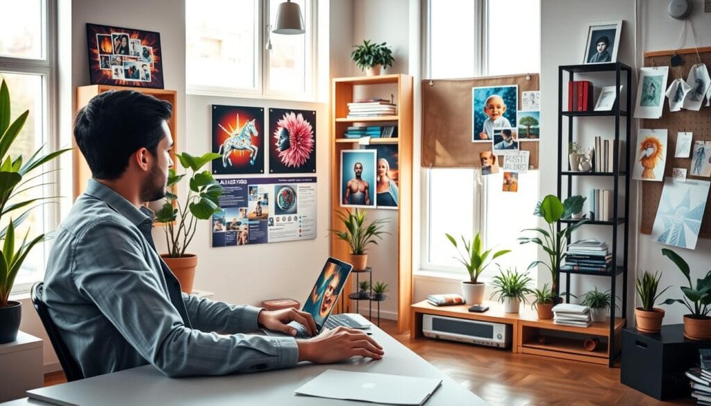 A vibrant digital workspace showcasing a creative entrepreneur establishing an online store for AI-generated images. In the foreground, a focused individual in smart casual attire is seated at a modern desk, browsing a sleek laptop displaying a stunning array of generated artworks. The middle layer features colorful infographics on creating a digital store, alongside various AI-generated prints displayed on the walls, establishing a gallery-like atmosphere. In the background, soft natural light filters through large windows, illuminating the bright space filled with potted plants, bookshelves with design references, and a mood board pinned with artistic ideas. The overall mood is inspiring and innovative, evoking a sense of excitement for digital entrepreneurship.