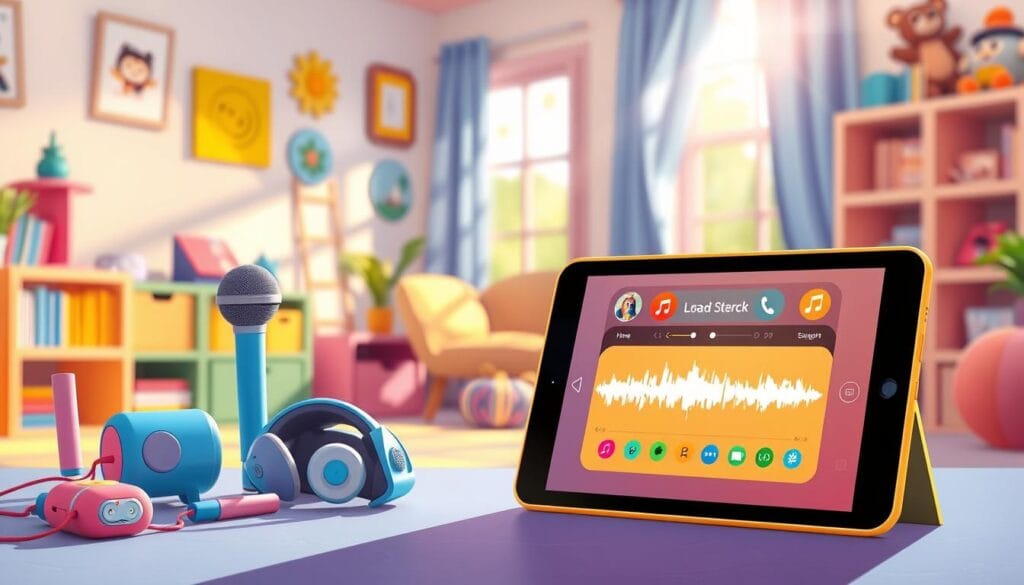 A vibrant, engaging illustration depicting an array of sound integration tools designed for children's storytelling. In the foreground, a colorful digital tablet displays a sound editing application interface, complete with visual sound waves and playful icons representing various sound effects like laughter, music, and nature sounds. To the left, a set of user-friendly audio gadgets, such as a microphone and headphones, are artistically arranged, showcasing their playful design. In the middle ground, a cozy room with child-friendly decor, such as brightly colored bookshelves and playful artwork, sets the atmosphere. Soft, warm lighting bathes the scene, enhancing a cheerful and inviting mood. The background features a window with soft sunlight streaming in, complementing the overall joyful and imaginative ambiance tailored for children. A vibrant, engaging illustration depicting an array of sound integration tools designed for children's storytelling. In the foreground, a colorful digital tablet displays a sound editing application interface, complete with visual sound waves and playful icons representing various sound effects like laughter, music, and nature sounds. To the left, a set of user-friendly audio gadgets, such as a microphone and headphones, are artistically arranged, showcasing their playful design. In the middle ground, a cozy room with child-friendly decor, such as brightly colored bookshelves and playful artwork, sets the atmosphere. Soft, warm lighting bathes the scene, enhancing a cheerful and inviting mood. The background features a window with soft sunlight streaming in, complementing the overall joyful and imaginative ambiance tailored for children.