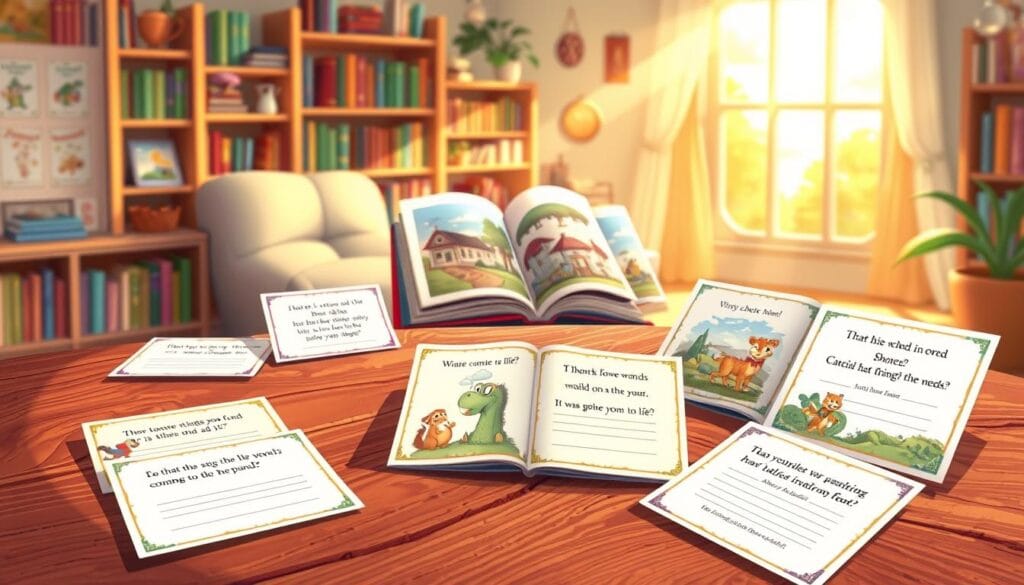 A vibrant illustration depicting examples of children's story prompts. In the foreground, a wooden table is adorned with colorful story cards, each card showcasing a unique prompt illustrated with whimsical art. The middle ground features an open storybook with enchanting scenes coming to life, such as friendly animals and magical landscapes. In the background, a cozy room with shelves filled with books and soft lighting creates a warm atmosphere. A window reveals a sunny day outside, casting gentle light across the scene. The overall mood is playful and inviting, inspiring creativity and imagination in young readers. The image should be rich in detail, showcasing a fantastical yet relatable space for storytelling, while maintaining a cheerful and educational ambiance. A vibrant illustration depicting examples of children's story prompts. In the foreground, a wooden table is adorned with colorful story cards, each card showcasing a unique prompt illustrated with whimsical art. The middle ground features an open storybook with enchanting scenes coming to life, such as friendly animals and magical landscapes. In the background, a cozy room with shelves filled with books and soft lighting creates a warm atmosphere. A window reveals a sunny day outside, casting gentle light across the scene. The overall mood is playful and inviting, inspiring creativity and imagination in young readers. The image should be rich in detail, showcasing a fantastical yet relatable space for storytelling, while maintaining a cheerful and educational ambiance.