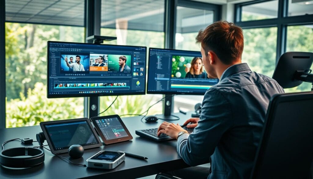 A vibrant, modern workspace set in a well-lit room, featuring a sleek computer desk with dual monitors displaying video editing software and animation tools. In the foreground, an individual in professional attire is intently focused on the screens, with hands on a keyboard. The middle ground showcases various video editing accessories like a tablet, a stylus, and headphones. In the background, large windows let in natural light, revealing greenery outside, creating an inspiring atmosphere. Bright ambient lighting complements the tech-savvy environment. The composition should evoke a sense of creativity and professionalism, encapsulating the essence of producing high-quality videos without traditional camera equipment.