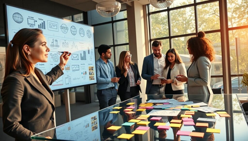 A vibrant scene depicting a diverse group of professionals collaborating on creating impactful advertisements. In the foreground, a focused woman in smart business attire, brainstorming ideas on a large digital screen filled with graphics and key advertising elements. The middle ground showcases a diverse team of men and women discussing strategies, surrounded by colorful sticky notes and sketches on a glass table, symbolizing creativity. The background features a modern office with large windows allowing soft, warm sunlight to filter in, creating an inspiring and productive atmosphere. The overall mood should convey energy, innovation, and teamwork, with a polished and organized feel that enhances the professional environment.