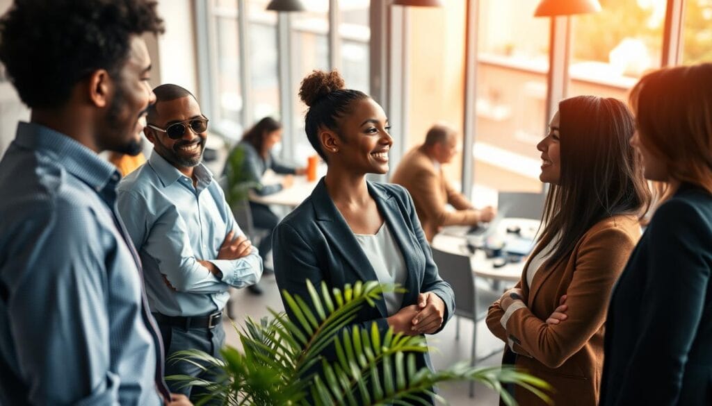 A vibrant scene depicting social interaction in a professional environment. In the foreground, a diverse group of four people engaged in conversation, showcasing a mix of backgrounds and genders, all dressed in smart business attire. The middle ground features a modern office space with large windows letting in soft, warm natural light, creating an inviting atmosphere. A potted plant sits nearby, adding a touch of greenery. In the background, other colleagues can be seen collaborating at a round table, emphasizing teamwork and social skills development. The overall mood is upbeat and collaborative, with smiles and gestures indicating active listening and engagement. The lens should capture this setting with a slight depth of field to focus on the foreground interaction while maintaining the context of the busy office behind. A vibrant scene depicting social interaction in a professional environment. In the foreground, a diverse group of four people engaged in conversation, showcasing a mix of backgrounds and genders, all dressed in smart business attire. The middle ground features a modern office space with large windows letting in soft, warm natural light, creating an inviting atmosphere. A potted plant sits nearby, adding a touch of greenery. In the background, other colleagues can be seen collaborating at a round table, emphasizing teamwork and social skills development. The overall mood is upbeat and collaborative, with smiles and gestures indicating active listening and engagement. The lens should capture this setting with a slight depth of field to focus on the foreground interaction while maintaining the context of the busy office behind.