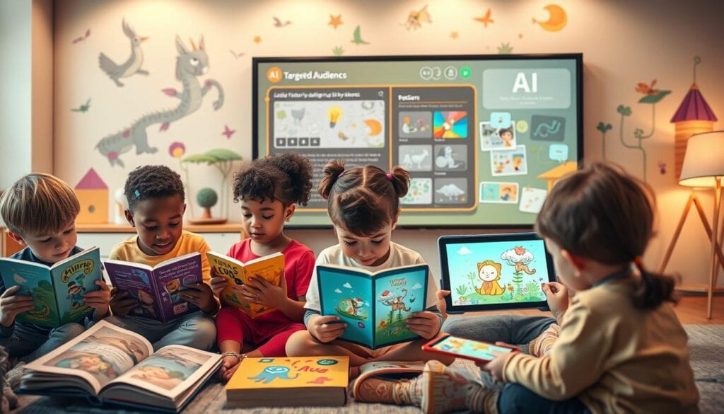 A vibrant scene illustrating AI tools for designing children's stories, focusing on targeted audience identification. In the foreground, a diverse group of children engaged in storytelling with colorful books and digital devices featuring AI illustrations. The middle ground showcases an interactive workspace with a large screen displaying an AI interface for story creation, along with sketches and storyboards. The background features whimsical illustrations of fantastical characters and landscapes, creating a magical atmosphere. Soft, warm lighting enhances the inviting, creative vibe, while a slightly elevated angle captures the entire scene, emphasizing collaboration and discovery. The mood is playful and imaginative, inspiring creativity and exploration in storytelling.