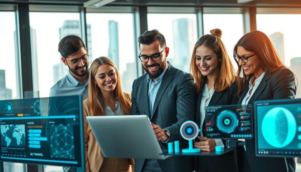 A vibrant scene illustrating the role of artificial intelligence in the growth of startup companies. In the foreground, a diverse group of four professionals in business attire collaborates over a sleek laptop, analyzing data visualizations and AI-driven product designs. Their expressions show determination and excitement. In the middle ground, a modern office environment filled with advanced technology, like screens displaying AI algorithms and product prototypes, reflects a dynamic workspace. The background features city skyscrapers through large windows, symbolizing ambition and global reach. Soft, natural lighting floods the space, creating a bright and inspiring atmosphere. The image should evoke innovation, collaboration, and the transformative power of AI in developing new products and solutions.