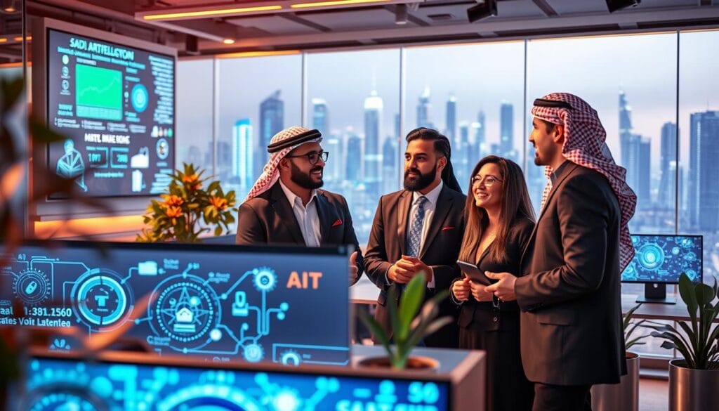 A vibrant scene showcasing Saudi Arabian startups excelling in artificial intelligence. In the foreground, a group of three diverse professionals dressed in smart business attire engaged in a dynamic discussion, surrounded by digital screens displaying AI data and innovative technology. In the middle ground, a sleek, modern office setting filled with high-tech gadgets and flowing plants, symbolizing growth and innovation. The background portrays a futuristic city skyline, representing progress and ambition. Bright and warm lighting enhances the atmosphere, creating an exciting and inspiring mood. Capture this scene from a slightly elevated angle to emphasize the interaction and the technological elements, conveying a sense of collaboration and forward-thinking. A vibrant scene showcasing Saudi Arabian startups excelling in artificial intelligence. In the foreground, a group of three diverse professionals dressed in smart business attire engaged in a dynamic discussion, surrounded by digital screens displaying AI data and innovative technology. In the middle ground, a sleek, modern office setting filled with high-tech gadgets and flowing plants, symbolizing growth and innovation. The background portrays a futuristic city skyline, representing progress and ambition. Bright and warm lighting enhances the atmosphere, creating an exciting and inspiring mood. Capture this scene from a slightly elevated angle to emphasize the interaction and the technological elements, conveying a sense of collaboration and forward-thinking.