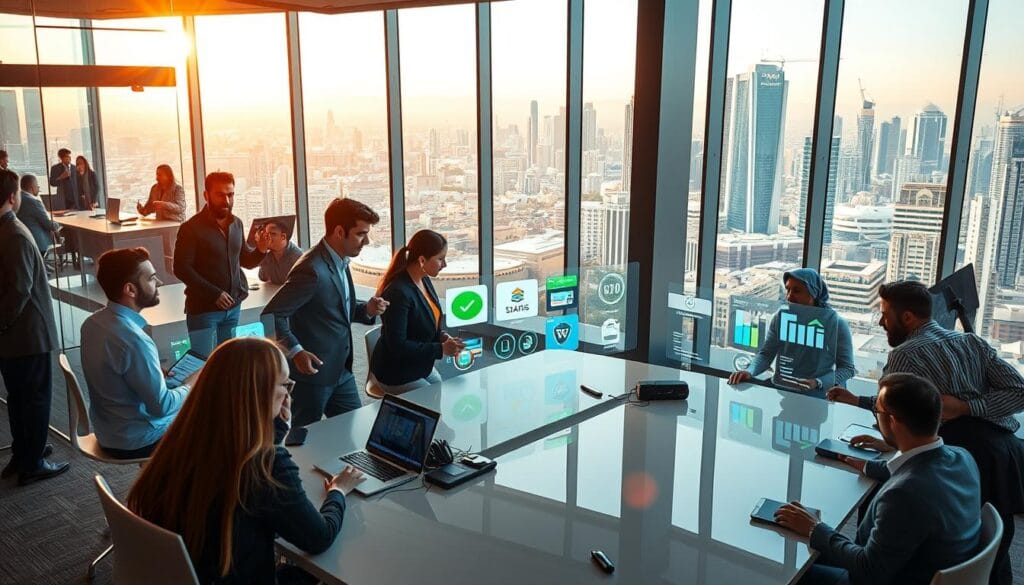 A vibrant scene showcasing the success of Arab tech startups in Saudi Arabia, prominently featuring modern office spaces filled with diverse professionals in smart business attire collaborating on innovative projects. In the foreground, a group of entrepreneurs engaged in a brainstorming session around a sleek conference table equipped with the latest technology. The middle ground depicts futuristic visual displays showcasing successful app interfaces and startup logos, infused with a sense of creativity and innovation. The background features large windows with a view of a bustling city skyline, bathed in warm, natural sunlight, creating an uplifting and inspiring atmosphere. The image should convey a sense of achievement and modernity, focusing on collaboration and the vibrant energy of the tech industry. A vibrant scene showcasing the success of Arab tech startups in Saudi Arabia, prominently featuring modern office spaces filled with diverse professionals in smart business attire collaborating on innovative projects. In the foreground, a group of entrepreneurs engaged in a brainstorming session around a sleek conference table equipped with the latest technology. The middle ground depicts futuristic visual displays showcasing successful app interfaces and startup logos, infused with a sense of creativity and innovation. The background features large windows with a view of a bustling city skyline, bathed in warm, natural sunlight, creating an uplifting and inspiring atmosphere. The image should convey a sense of achievement and modernity, focusing on collaboration and the vibrant energy of the tech industry.