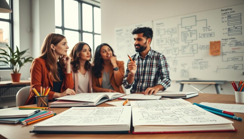 A vibrant workspace filled with creative energy represents "أفكار Projects." In the foreground, a modern desk showcases open notebooks filled with sketches and mind maps, surrounded by colorful stationery. In the middle ground, a diverse group of professionals—two women and a man—are deep in discussion, brainstorming ideas. One woman has her finger on her chin, contemplating, while the man gestures excitedly with a pencil. The background features a large whiteboard covered in flowcharts and project outlines, illuminated by soft natural light pouring in through large windows. A warm atmosphere conveys collaboration and innovation, inviting viewers to explore the synergy of blending ideas. The angle captures the dynamic interplay of concepts and creativity in a business environment. A vibrant workspace filled with creative energy represents "أفكار Projects." In the foreground, a modern desk showcases open notebooks filled with sketches and mind maps, surrounded by colorful stationery. In the middle ground, a diverse group of professionals—two women and a man—are deep in discussion, brainstorming ideas. One woman has her finger on her chin, contemplating, while the man gestures excitedly with a pencil. The background features a large whiteboard covered in flowcharts and project outlines, illuminated by soft natural light pouring in through large windows. A warm atmosphere conveys collaboration and innovation, inviting viewers to explore the synergy of blending ideas. The angle captures the dynamic interplay of concepts and creativity in a business environment.