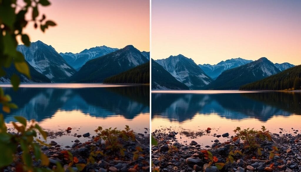 A visual representation of image quality comparison, showcasing two vibrant landscapes side by side. On the left, a high-resolution photograph of a serene mountain scene at dawn, with soft, warm lighting casting gentle reflections on a calm lake, emphasizing sharp details and rich colors. On the right, a slightly lower quality image of the same scene, featuring softer edges and muted tones, illustrating the differences in clarity. The foreground should highlight fine details like leaves and pebbles, while the middle ground showcases the mountains and lake. The background should have a clear sky transitioning from orange to blue. The mood conveys a sense of exploration and analysis, with a focus on visual clarity and depth.