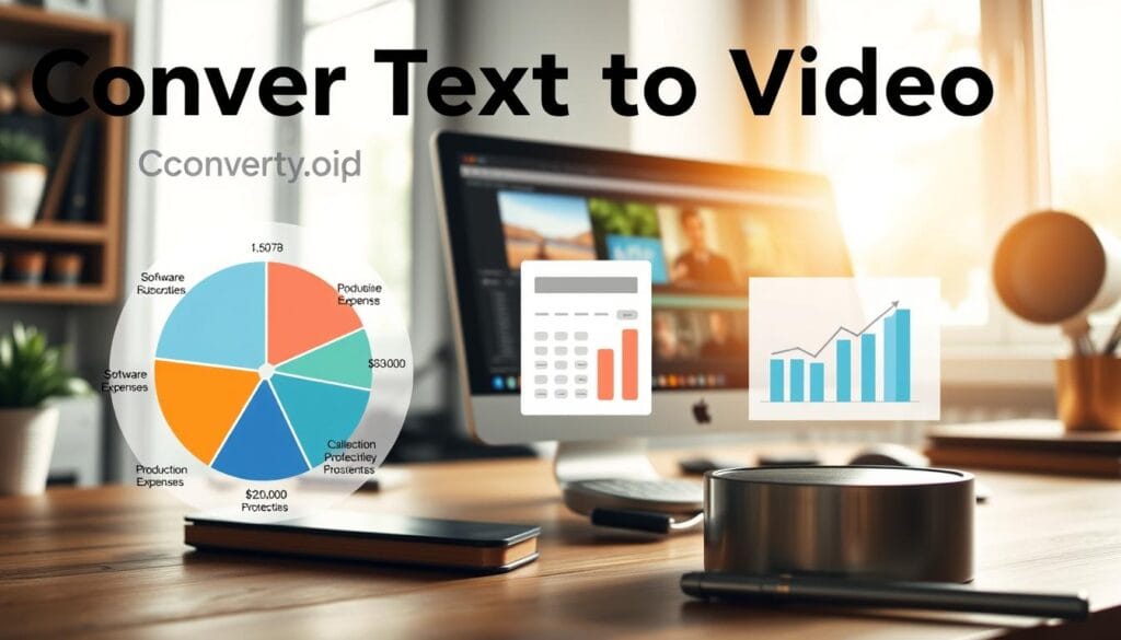 A visually appealing infographic illustrating the costs associated with converting text to video. In the foreground, a clear and organized pie chart displays different cost categories like software subscriptions, production expenses, and additional fees. The middle section features a calculator and financial charts, symbolizing budgeting and planning. In the background, a sleek modern workspace with a desktop computer showing video editing software, bright natural lighting streaming in from a window, creating an inviting atmosphere. The mood is professional and informative, emphasizing clarity and understanding of financial aspects in video production. The scene is well-composed, with a slight angle for depth, focusing on the tools of the trade. A visually appealing infographic illustrating the costs associated with converting text to video. In the foreground, a clear and organized pie chart displays different cost categories like software subscriptions, production expenses, and additional fees. The middle section features a calculator and financial charts, symbolizing budgeting and planning. In the background, a sleek modern workspace with a desktop computer showing video editing software, bright natural lighting streaming in from a window, creating an inviting atmosphere. The mood is professional and informative, emphasizing clarity and understanding of financial aspects in video production. The scene is well-composed, with a slight angle for depth, focusing on the tools of the trade.