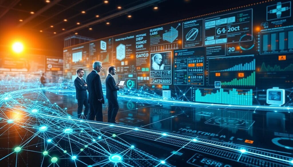 A visually captivating representation of the history of deep learning, featuring a timeline that winds through an abstract digital landscape. In the foreground, prominently displayed, are symbolic elements like neural networks and interconnected nodes glowing with blue and green lights, emphasizing the intricate structure of algorithms. The middle ground showcases historical figures in AI, dressed in professional attire, brainstorming and collaborating on a futuristic interface, filled with charts and data streams, symbolizing innovation. The background is a blend of technology and history, with abstract representations of seminal moments in deep learning, like early computers and groundbreaking research papers, all under a warm, ambient light that gives a sense of progress and discovery. The atmosphere is inspiring and forward-looking, evoking a sense of the future of technology. A visually captivating representation of the history of deep learning, featuring a timeline that winds through an abstract digital landscape. In the foreground, prominently displayed, are symbolic elements like neural networks and interconnected nodes glowing with blue and green lights, emphasizing the intricate structure of algorithms. The middle ground showcases historical figures in AI, dressed in professional attire, brainstorming and collaborating on a futuristic interface, filled with charts and data streams, symbolizing innovation. The background is a blend of technology and history, with abstract representations of seminal moments in deep learning, like early computers and groundbreaking research papers, all under a warm, ambient light that gives a sense of progress and discovery. The atmosphere is inspiring and forward-looking, evoking a sense of the future of technology.