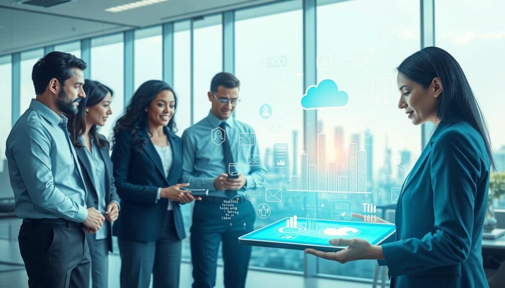 A visually compelling and informative illustration showcasing "the required technical skills in the market." In the foreground, a diverse group of professionals in business attire, engaged in collaborative discussions around a digital tablet displaying graphs and charts. In the middle ground, an array of futuristic technology symbols like coding lines, cloud icons, electronic devices, and data analytics visuals emerging from the tablet. The background features a modern office environment with glass walls and a city skyline visible outside, hinting at innovation and growth. Soft, natural lighting shines through the office windows, creating a bright and inviting atmosphere. The overall mood is one of collaboration, technology, and forward-thinking, perfectly encapsulating the essence of emerging technical skills essential for the future. A visually compelling and informative illustration showcasing "the required technical skills in the market." In the foreground, a diverse group of professionals in business attire, engaged in collaborative discussions around a digital tablet displaying graphs and charts. In the middle ground, an array of futuristic technology symbols like coding lines, cloud icons, electronic devices, and data analytics visuals emerging from the tablet. The background features a modern office environment with glass walls and a city skyline visible outside, hinting at innovation and growth. Soft, natural lighting shines through the office windows, creating a bright and inviting atmosphere. The overall mood is one of collaboration, technology, and forward-thinking, perfectly encapsulating the essence of emerging technical skills essential for the future.