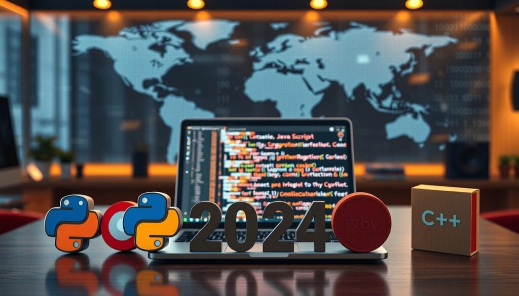 A visually engaging composition depicting popular programming languages in 2024, featuring vibrant logos of languages like Python, JavaScript, Java, C++, and Ruby, artfully arranged in the foreground against a sleek, modern workspace setting. The middle ground showcases a stylish laptop with code snippets on the screen, illuminated by warm, ambient lighting that creates an inviting atmosphere. In the background, a blurred digital world map and binary code patterns evoke a tech-savvy environment. The overall mood is motivational and dynamic, encouraging viewers to immerse themselves in the world of programming. Use a wide-angle lens to capture the entire scene, emphasizing depth and clarity while ensuring that no text or branding appears within the image.