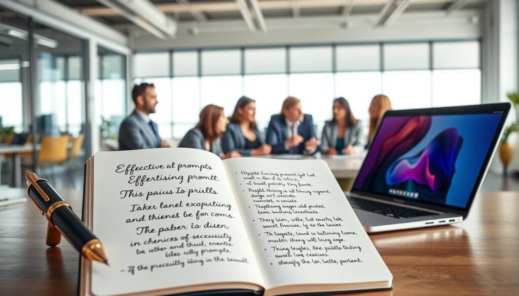 A visually engaging composition showcasing successful advertising prompts. In the foreground, display an open notebook with handwritten examples of effective prompts written in elegant calligraphy. Beside the notebook, place a stylish fountain pen and a modern laptop with a vibrant screen, illustrating digital creativity. In the middle ground, a diverse group of professionals in business attire are brainstorming around a table, actively discussing ideas with expressions of enthusiasm and collaboration. The background features a well-lit office space with large windows, allowing soft natural light to filter in, enhancing the innovative atmosphere. The overall mood should convey inspiration and creativity, indicative of a dynamic advertising environment.