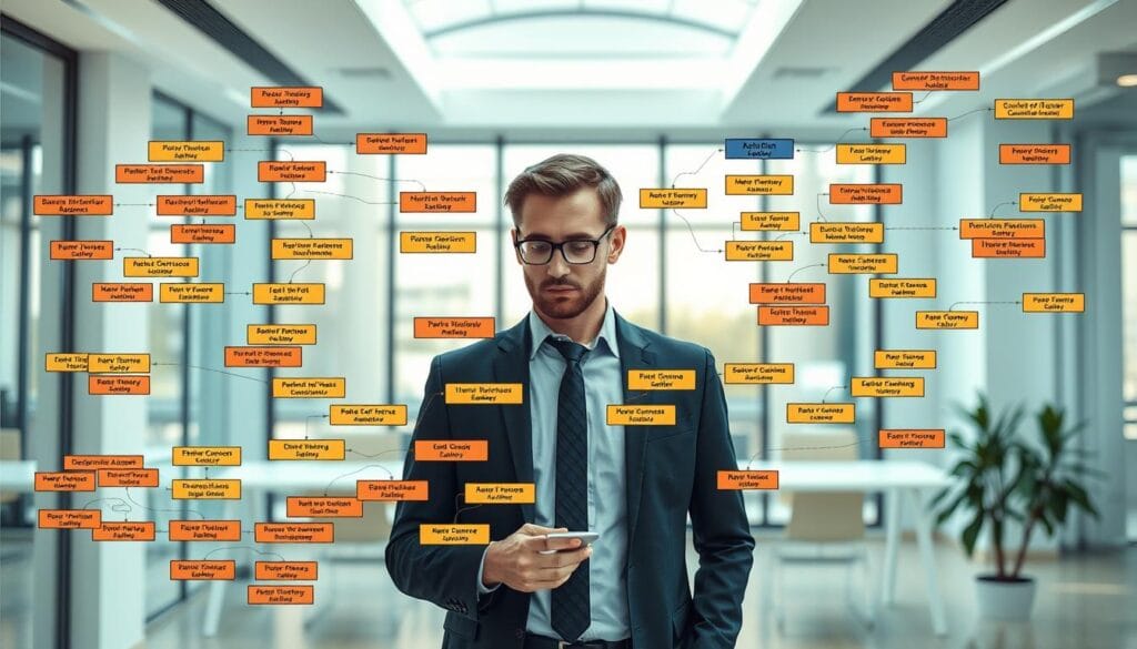 A visually engaging depiction of a decision tree algorithm in action, showcasing a branching flowchart. In the foreground, illustrate an intricately detailed decision tree with nodes and branches, each labeled with specific choices and outcomes, using bright, contrasting colors to highlight connections. In the middle ground, place a professional individual analyzing the tree, wearing business attire, with a thoughtful expression. The background features a clean, modern office environment with a large window allowing natural light to flood the space, creating a bright and optimistic atmosphere. Use a wide-angle lens to capture the full breadth of the decision tree while keeping the individual in sharp focus. The overall mood should be one of clarity and insight, emphasizing rational decision-making and analysis.