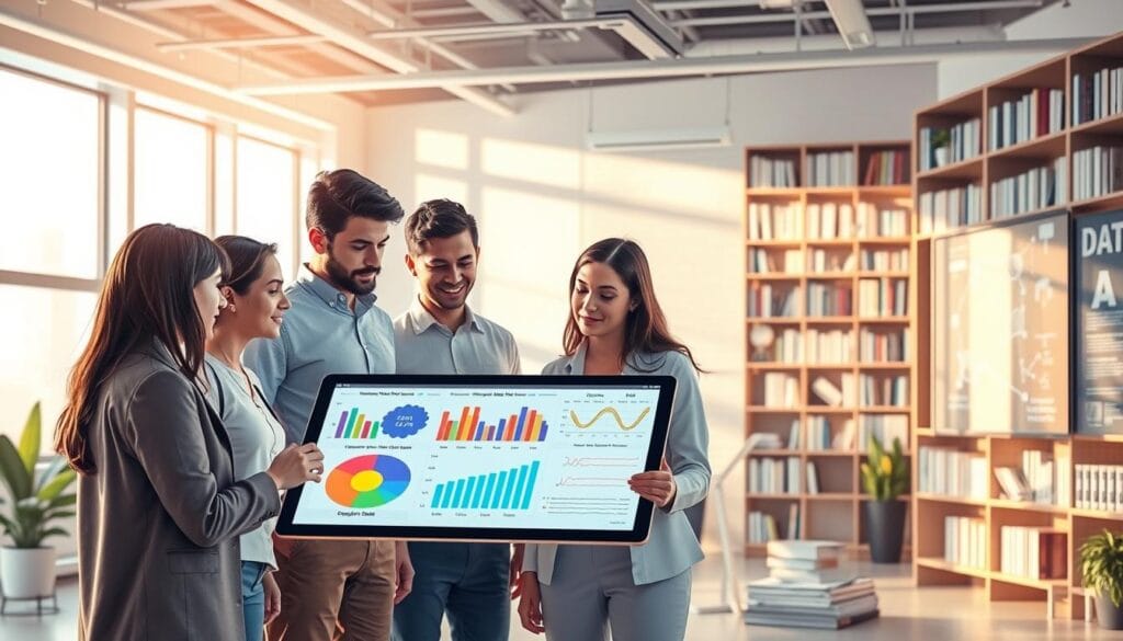 A visually engaging illustration depicting various types of training data in artificial intelligence. In the foreground, display a diverse group of professionals collaborating around a large digital tablet, analyzing colorful charts and graphs representing different types of data: text, images, audio, and structured data. In the middle ground, include a bright, modern office environment with bookshelves filled with technical literature on AI, and large windows allowing natural light to flood in. In the background, subtly feature a digital screen showcasing algorithms and neural network diagrams. The overall atmosphere should be one of innovation and teamwork, with a clear focus on the importance of diverse training data in AI development. Use soft, diffused lighting to create a productive and inspiring mood. A visually engaging illustration depicting various types of training data in artificial intelligence. In the foreground, display a diverse group of professionals collaborating around a large digital tablet, analyzing colorful charts and graphs representing different types of data: text, images, audio, and structured data. In the middle ground, include a bright, modern office environment with bookshelves filled with technical literature on AI, and large windows allowing natural light to flood in. In the background, subtly feature a digital screen showcasing algorithms and neural network diagrams. The overall atmosphere should be one of innovation and teamwork, with a clear focus on the importance of diverse training data in AI development. Use soft, diffused lighting to create a productive and inspiring mood.