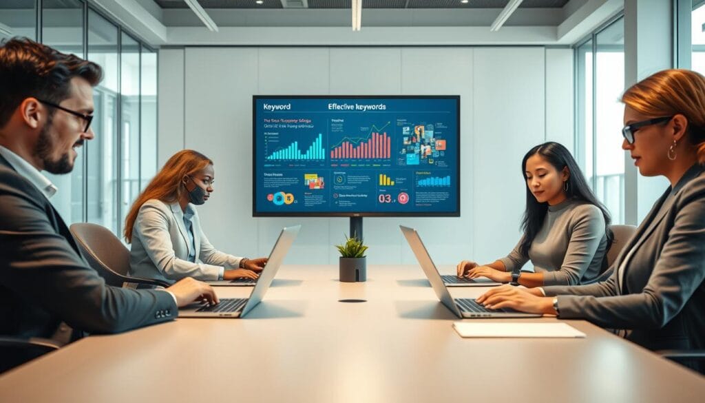 A visually engaging illustration of the concept of "كلمات مفتاحية" (keywords) in a professional setting. In the foreground, a diverse group of three business professionals, dressed in smart casual attire, are gathered around a modern conference table, intently discussing keyword strategies with laptops open. In the middle of the scene, a large digital screen displays a colorful infographic highlighting effective keyword usage and SEO analytics, with dynamic graphs and keyword clouds. The background shows a bright, airy office environment with large windows letting in natural light, giving a sense of openness and creativity. The atmosphere is collaborative and focused, emphasizing the importance of effective prompt preparation for advanced SEO articles. The angle captures both the individuals and the digital display clearly, creating an immersive educational scene. A visually engaging illustration of the concept of "كلمات مفتاحية" (keywords) in a professional setting. In the foreground, a diverse group of three business professionals, dressed in smart casual attire, are gathered around a modern conference table, intently discussing keyword strategies with laptops open. In the middle of the scene, a large digital screen displays a colorful infographic highlighting effective keyword usage and SEO analytics, with dynamic graphs and keyword clouds. The background shows a bright, airy office environment with large windows letting in natural light, giving a sense of openness and creativity. The atmosphere is collaborative and focused, emphasizing the importance of effective prompt preparation for advanced SEO articles. The angle captures both the individuals and the digital display clearly, creating an immersive educational scene.