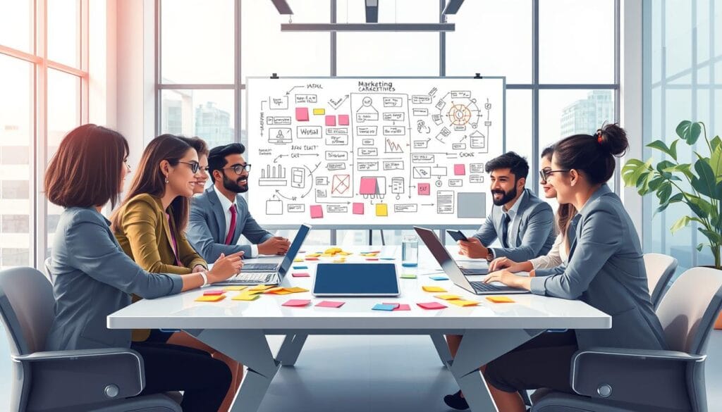 A visually engaging illustration showcasing the concept of “Marketing Campaign Prompts.” In the foreground, a diverse group of professionals, dressed in smart business attire, brainstorm ideas around a sleek modern table covered with colorful sticky notes and digital devices. In the middle ground, a large whiteboard filled with creative marketing strategies and diagrams is prominently featured. The background shows a bright, contemporary office setting with large windows that let in natural light, creating a productive atmosphere. The lighting should be soft yet bright, highlighting the engaged faces of the collaborators. The mood is positive, energetic, and innovative, capturing the essence of teamwork and creativity in marketing strategy development.