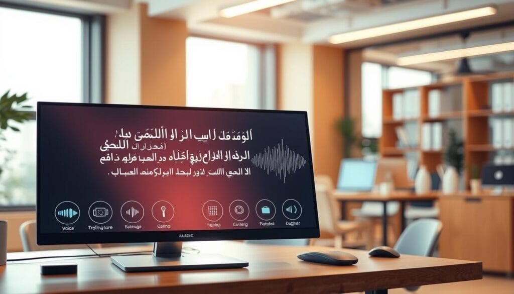 A visually engaging representation of the concept of text-to-speech software for Arabic language, featuring a sleek, modern workspace. In the foreground, showcase a high-tech computer screen displaying Arabic text being transformed into sound waves. The middle ground features elegant icons representing various voice configurations and audio settings, subtly arranged around the screen. In the background, a warm, inviting office environment with a large window allowing natural light to illuminate the scene, creating a productive atmosphere. Use a shallow depth of field to focus on the computer, while maintaining clear yet soft outlines of office elements. The mood is innovative and professional, emphasizing the advanced technology behind Arabic text-to-speech solutions, without including any people or text overlays. A visually engaging representation of the concept of text-to-speech software for Arabic language, featuring a sleek, modern workspace. In the foreground, showcase a high-tech computer screen displaying Arabic text being transformed into sound waves. The middle ground features elegant icons representing various voice configurations and audio settings, subtly arranged around the screen. In the background, a warm, inviting office environment with a large window allowing natural light to illuminate the scene, creating a productive atmosphere. Use a shallow depth of field to focus on the computer, while maintaining clear yet soft outlines of office elements. The mood is innovative and professional, emphasizing the advanced technology behind Arabic text-to-speech solutions, without including any people or text overlays.