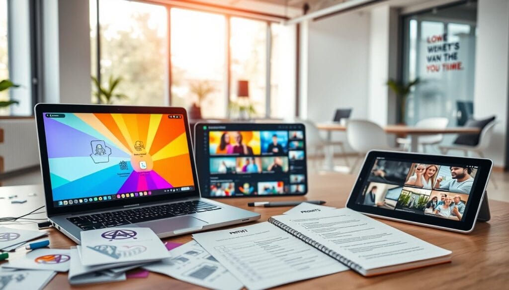 A visually engaging scene depicting the concept of "30 ready prompts for producing short AI videos." In the foreground, a modern workspace featuring a sleek laptop open to a vibrant interface displaying a video production software. Surrounding the laptop, scattered papers with colorful sketches and notes representing creative ideas. In the middle ground, a notepad with a checklist of prompts, alongside a tablet showcasing various AI-generated video clips. The background features a stylish office with soft natural light streaming through a large window, highlighting motivational quotes on the walls. The mood is innovative and productive, suggesting a blend of creativity and technology, with an overall polished and organized aesthetic. The focus is on clarity and professionalism, with no distractions or text elements. A visually engaging scene depicting the concept of "30 ready prompts for producing short AI videos." In the foreground, a modern workspace featuring a sleek laptop open to a vibrant interface displaying a video production software. Surrounding the laptop, scattered papers with colorful sketches and notes representing creative ideas. In the middle ground, a notepad with a checklist of prompts, alongside a tablet showcasing various AI-generated video clips. The background features a stylish office with soft natural light streaming through a large window, highlighting motivational quotes on the walls. The mood is innovative and productive, suggesting a blend of creativity and technology, with an overall polished and organized aesthetic. The focus is on clarity and professionalism, with no distractions or text elements.