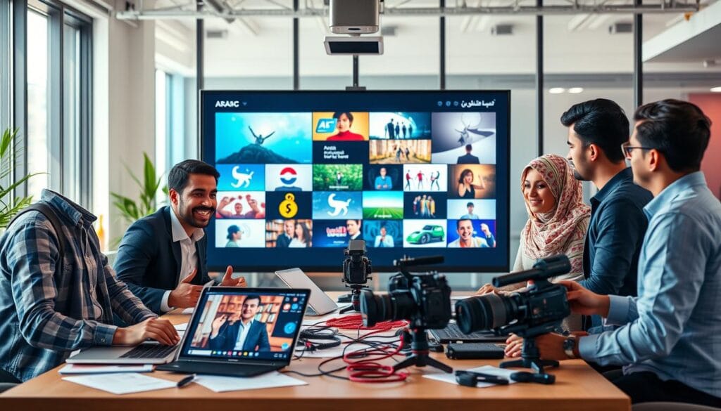 A visually engaging scene illustrating the creation of Arabic visual content. In the foreground, a diverse group of three professionals, two men and one woman, collaborating around a table filled with laptops, storyboards, and camera equipment. They are dressed in smart casual attire, showing enthusiasm and creativity. In the middle, a large screen displays various types of visual content, including videos and graphics that resonate with Arabic culture. The background features a modern office space with vibrant colors, soft natural lighting filtering through large windows. The atmosphere is dynamic and collaborative, conveying a sense of innovation and cultural connection as they discuss the selection of appropriate content types for engaging an Arabic audience. A visually engaging scene illustrating the creation of Arabic visual content. In the foreground, a diverse group of three professionals, two men and one woman, collaborating around a table filled with laptops, storyboards, and camera equipment. They are dressed in smart casual attire, showing enthusiasm and creativity. In the middle, a large screen displays various types of visual content, including videos and graphics that resonate with Arabic culture. The background features a modern office space with vibrant colors, soft natural lighting filtering through large windows. The atmosphere is dynamic and collaborative, conveying a sense of innovation and cultural connection as they discuss the selection of appropriate content types for engaging an Arabic audience.
