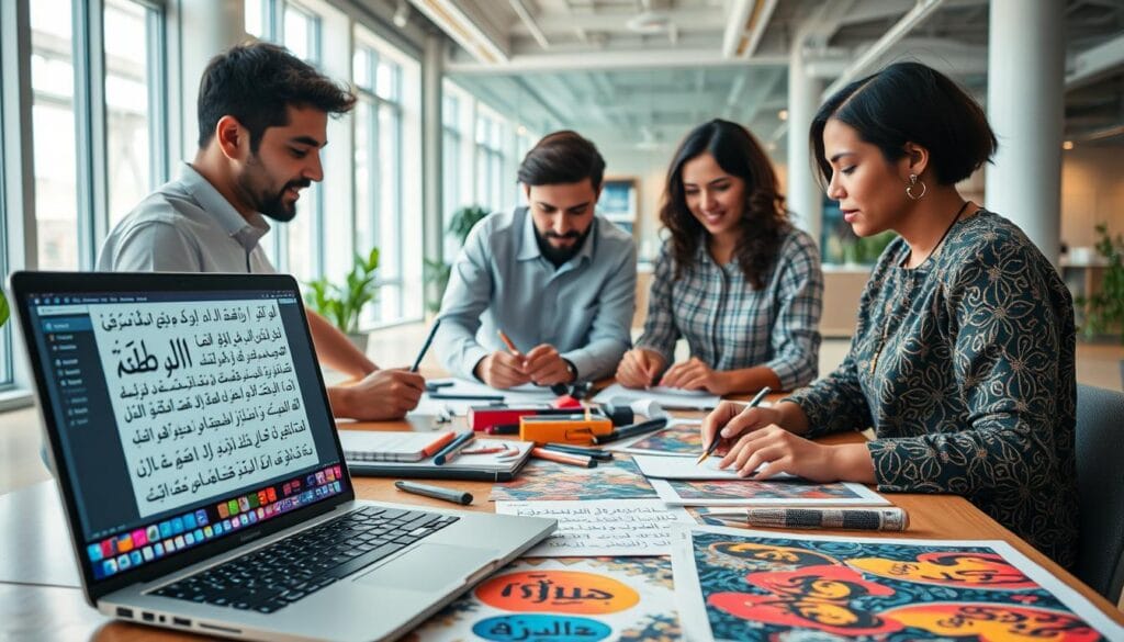 A visually engaging workspace featuring a professional, diverse group of three individuals collaborating over digital devices, surrounded by vibrant images created from Arabic text. In the foreground, focus on a laptop screen displaying intricate user interfaces of text-to-image software, showcasing lively animations of Arabic calligraphy transforming into colorful visuals. In the middle area, a large table cluttered with design tools, sketch pads, and vibrant printouts of images inspired by Arabic poetry and stories. The background should include a bright, modern office environment with large windows allowing natural light to fill the space, creating an uplifting atmosphere. Use a sharp focus on the foreground with a slightly blurred background to emphasize the tools and creations in a creative, professional setting. A visually engaging workspace featuring a professional, diverse group of three individuals collaborating over digital devices, surrounded by vibrant images created from Arabic text. In the foreground, focus on a laptop screen displaying intricate user interfaces of text-to-image software, showcasing lively animations of Arabic calligraphy transforming into colorful visuals. In the middle area, a large table cluttered with design tools, sketch pads, and vibrant printouts of images inspired by Arabic poetry and stories. The background should include a bright, modern office environment with large windows allowing natural light to fill the space, creating an uplifting atmosphere. Use a sharp focus on the foreground with a slightly blurred background to emphasize the tools and creations in a creative, professional setting.